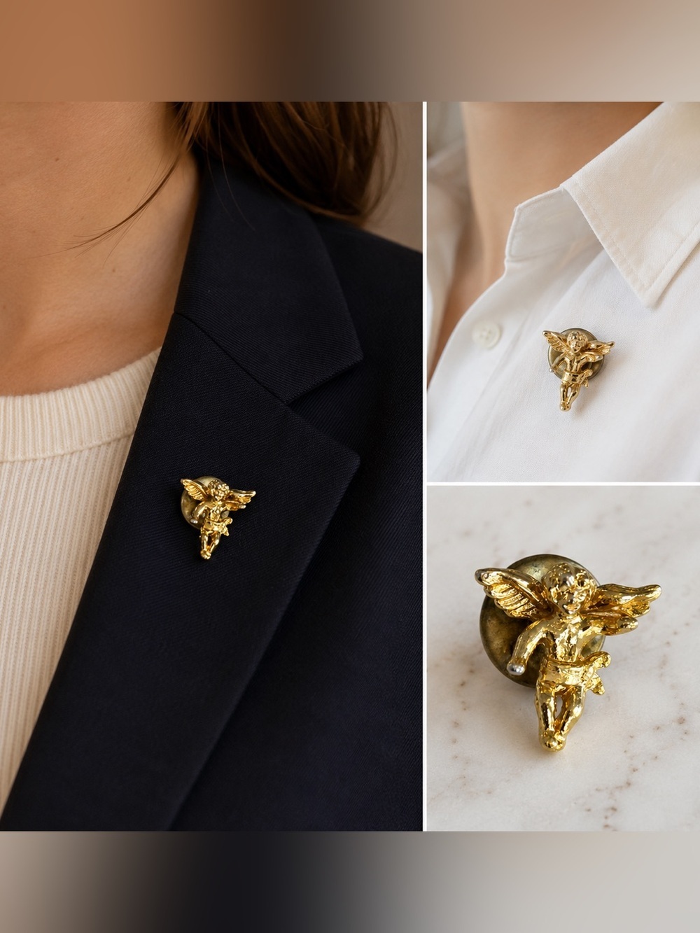 14k Gold plated Vintage Angel cherub Pin brooch